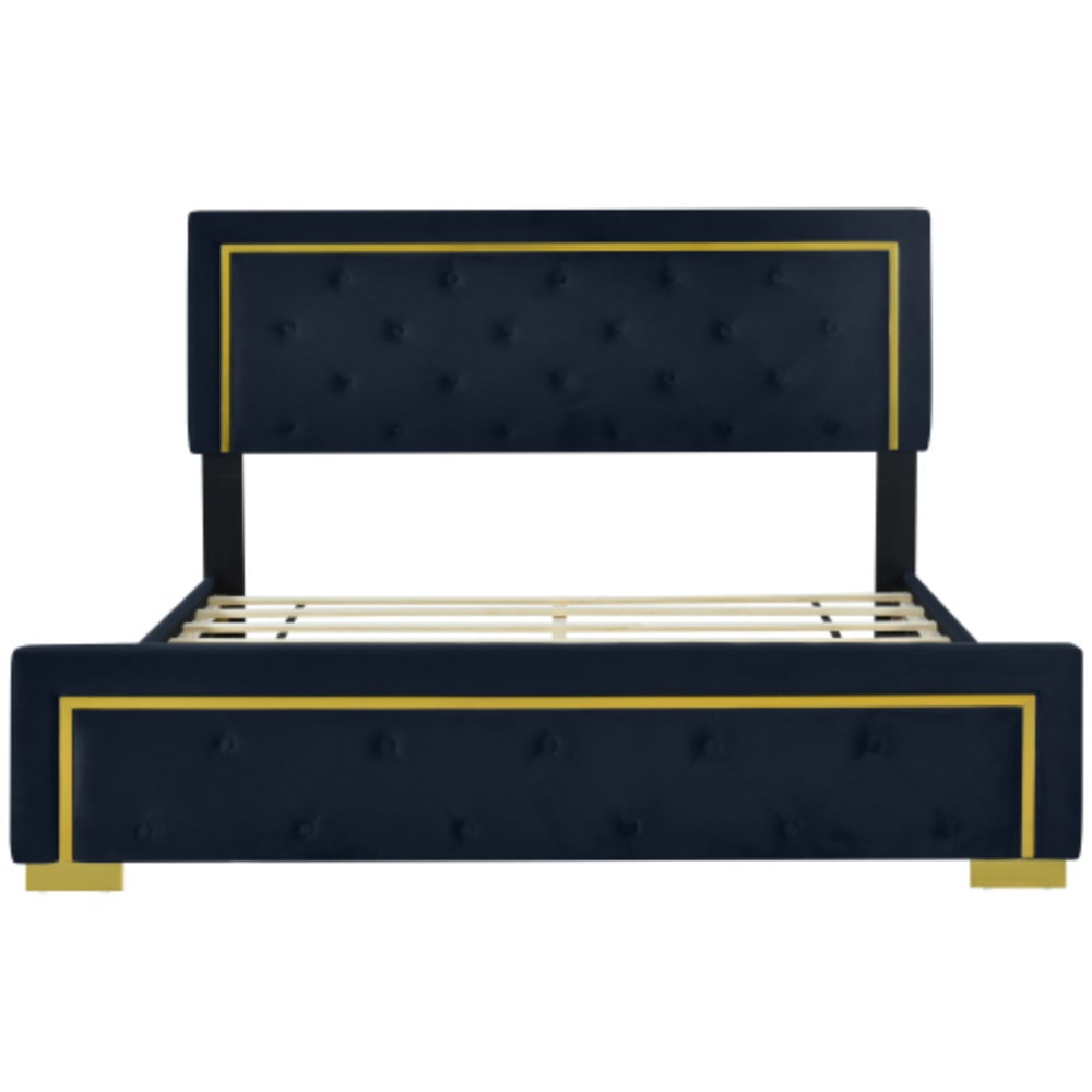 Queen Size Velvet Upholstered Platform Bed, Wood Bed Frame with Pull Point Headboard and Metal Wire Frame & Feet