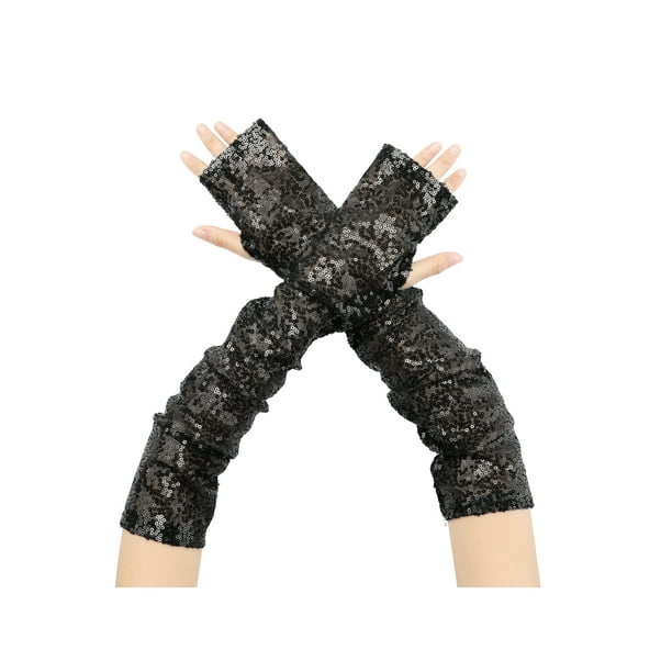 INSPIRAR CHIC Guantes de brazo sin dedos extra largos con lentejuelas brillantes para fiesta, color negro, talla única
