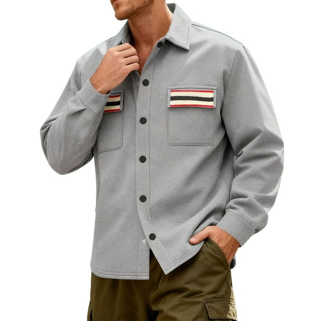 Lovzfmll Men's Workwear Jacket Color Block Pockets Notched Lapel Button Up Fleece Lined Gray, M