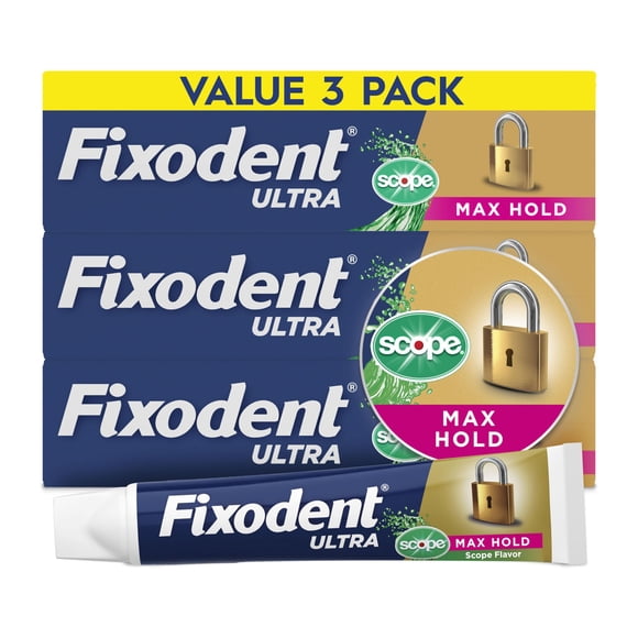 Adhesivo para Dentaduras Fixodent Ultra Max Fijación con Sabor Scope Paquete de 3