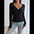 thumbnail image 4 of Camisa de Larga para Mujer, Cuello en V, Botones, Punto Acanalado, Corte Entallado, Informal, Básica, para y Otoño Negro S, 4 of 9
