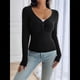 thumbnail image 4 of Camisa de Larga para Mujer, Cuello en V, Botones, Punto Acanalado, Corte Entallado, Informal, Básica, para y Otoño Negro L, 4 of 9