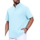 thumbnail image 4 of Camisa Henley para hombres, color sólido, cuello alto, manga corta, camisa de lino, talla S, azul claro, 4 of 5