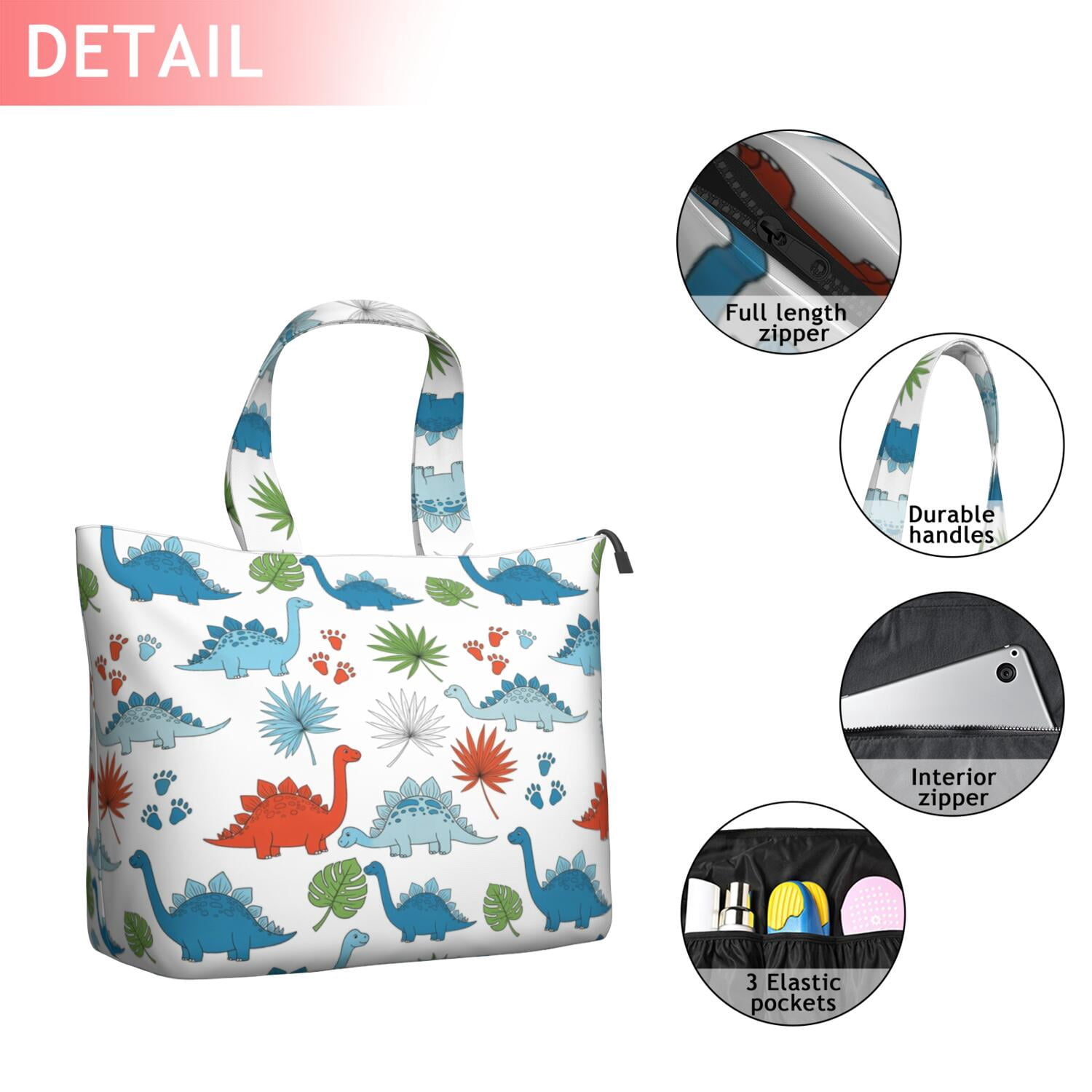 White Cartoon Dinosaurs Leaves Footprints Pattern Travel Tote Bags for Women Carry On,Large Weekender Bags for Women Travel,Multi Functional Duffle Bag for Work,Shopping,Sports
