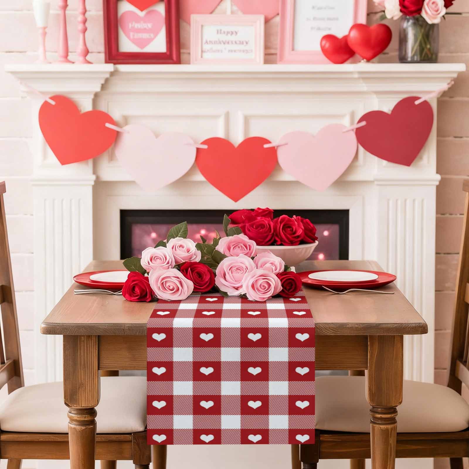 Valentine's Day Cotton Linen Table Runner Romantic Love Heart Red White Plaid Dining Table Runners for Home Decor Party Dining Room Restaurant Kitchen Party 13" x 90"