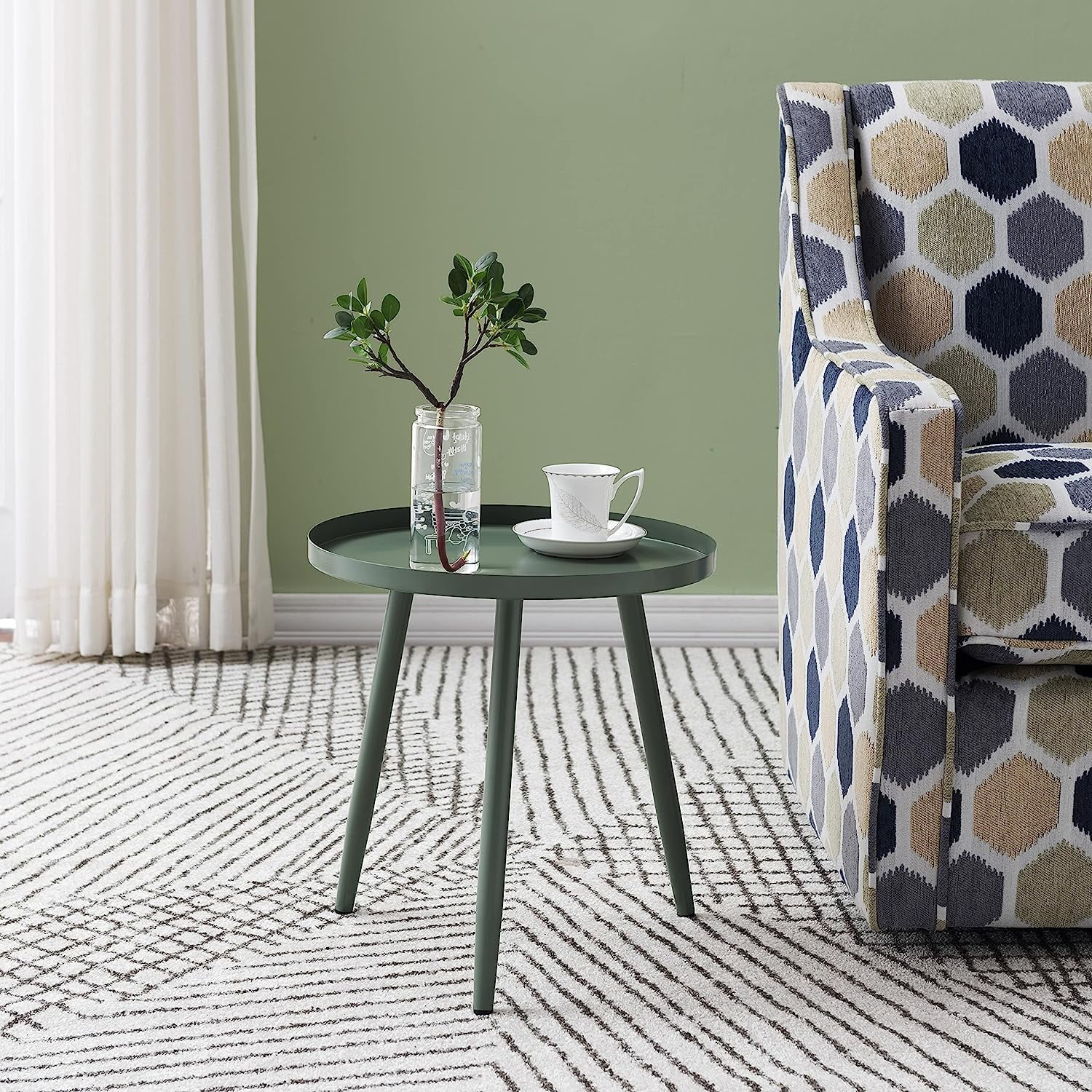 Round Metal Side End Table, Nightstand Accent Table, Pedestal Plant Stand For Bedroom Living