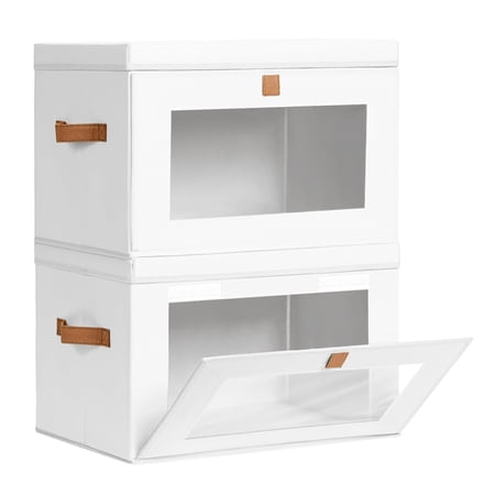 Large Closet Storage Organizer - Clothes Storage Bins with Handles & Window Collapsible Decorative Boxes with Lids Fabric Containers for Living Room Dorm 2 Pack Beige