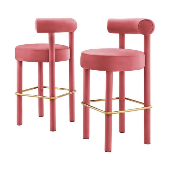 Bar Stool Chair Barstool, Set of 2, Pink Gold, Velvet, Pub Cafe Bistro Dining Kitchen Hospitality Restaurant, Modern Contemporary Boutique HB36135