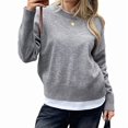 thumbnail image 2 of Women'S Crew Neck Pullover Sweaters, Long Sleeve Knit Tops with Fake Two-Piece Design for Fall Winter Dark Gray S, 2 of 7