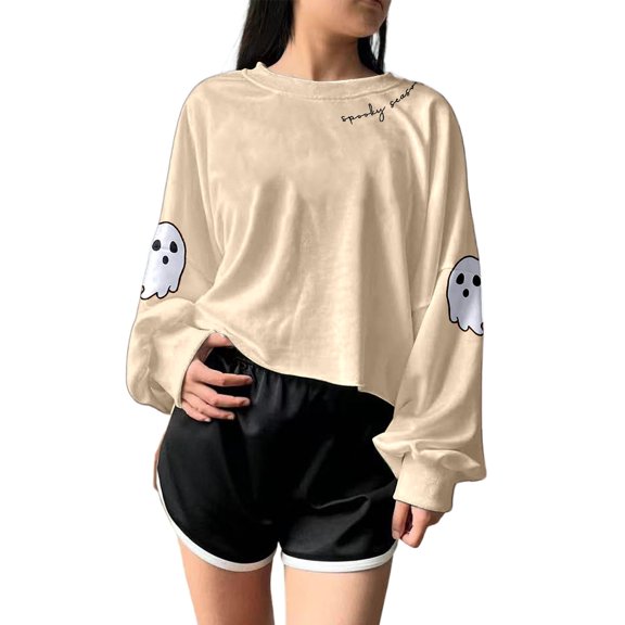 Halloween Sweatshirt for Women Hoodless Sweatshirt with Witch Pattern for Autumn and Wear Long Sleeve Pullover Top for Daily and Beige L