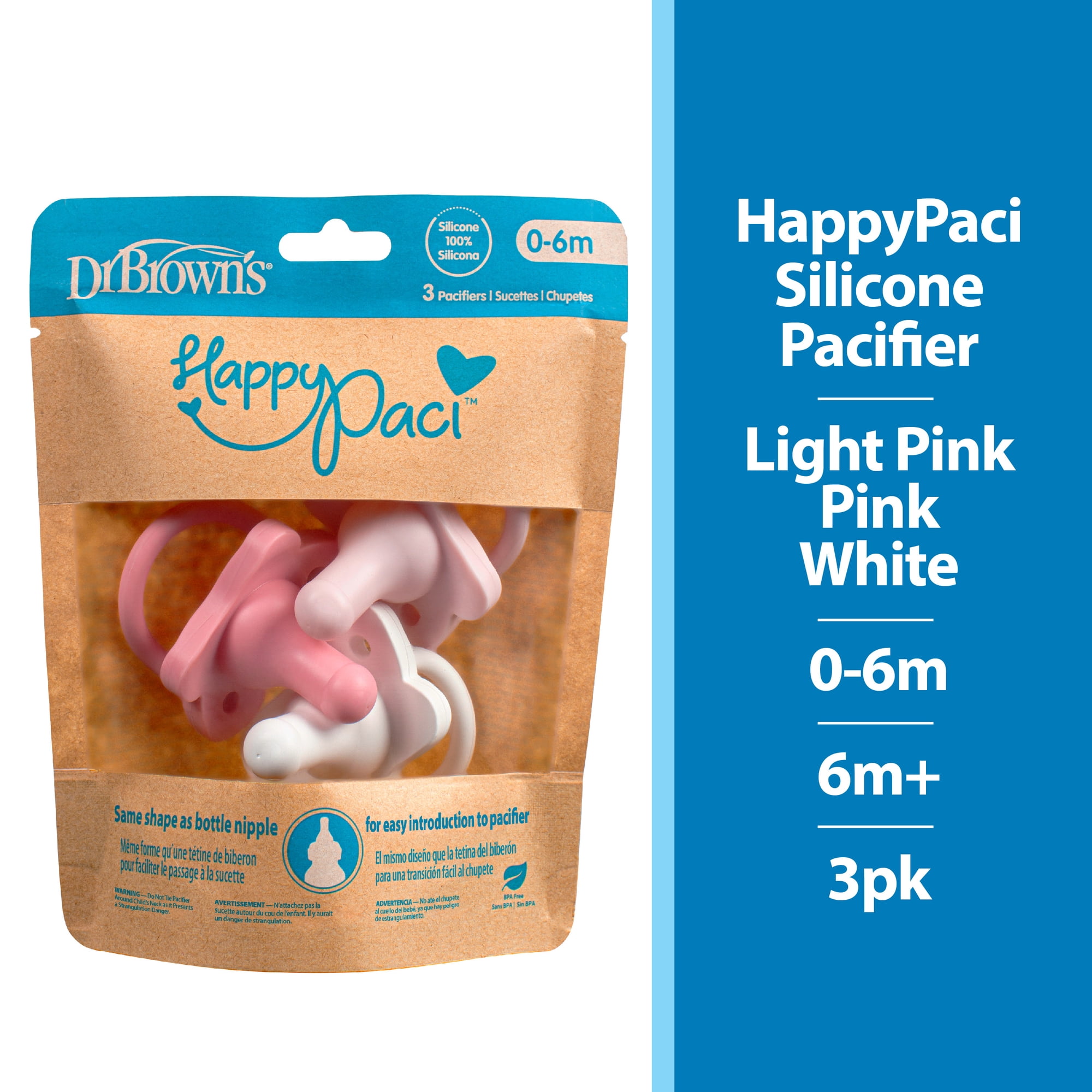 Dr. Brown's HappyPaci 100% Silicone Baby Pacifier 0-6m, BPA Free, White, Pink, Light Pink, 3 Pack