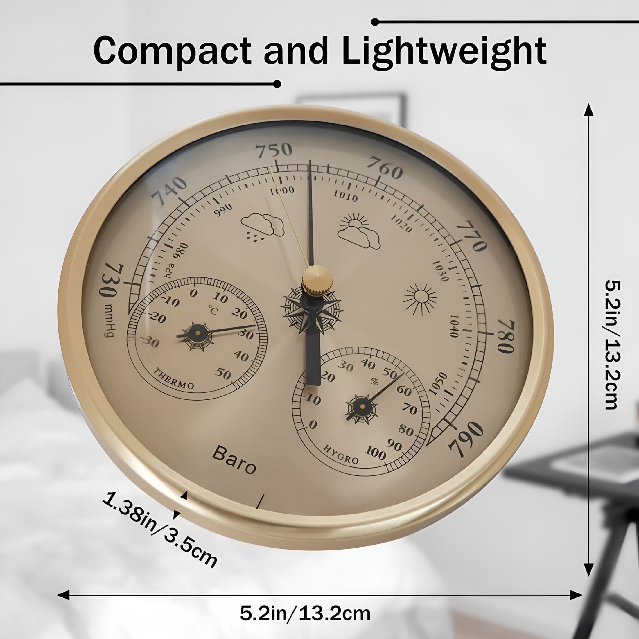 GJX 2026 New Analog Weather Station 3 in 1 Stainless Steel 132 Mm Barometer Thermometer Hygrometer for Home,Office,Study Gold