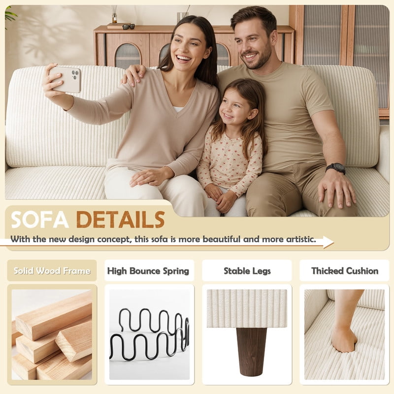 Lacoo 3 Seat Sectional Sofa L-Shaped Couch with Reversible Ottoman Convertible Cloud Couch for Living Room,Corduroy Beige