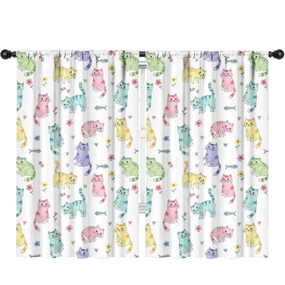 Blackout Kids Curtains,Rainbow Cat and Flower White Pattern Children's Insulated Curtains Set Of 2,Bedroom Essentials,Toddler Room Decor 52"x84"