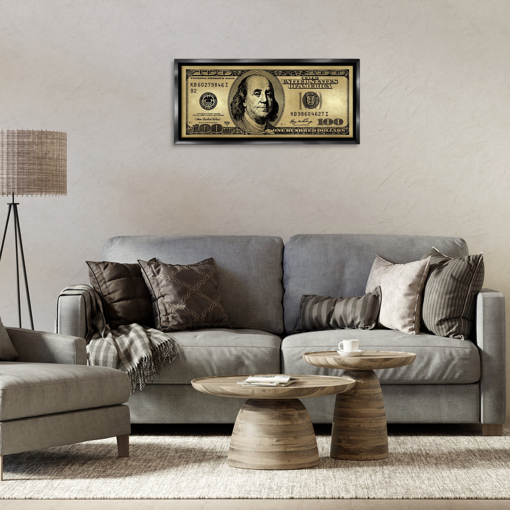 Stupell Industries Hundred Dollar Bill Novelty & Humor Painting Black Floater Framed Canvas Art Print Wall Art, 31 x 14