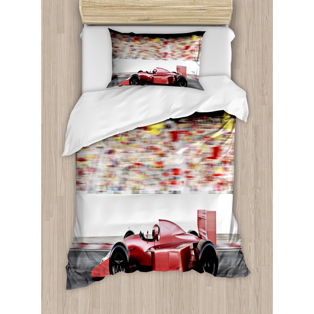 Cars Duvet Cover Set Twin Size, Sports Theme Red Race Car Side View on