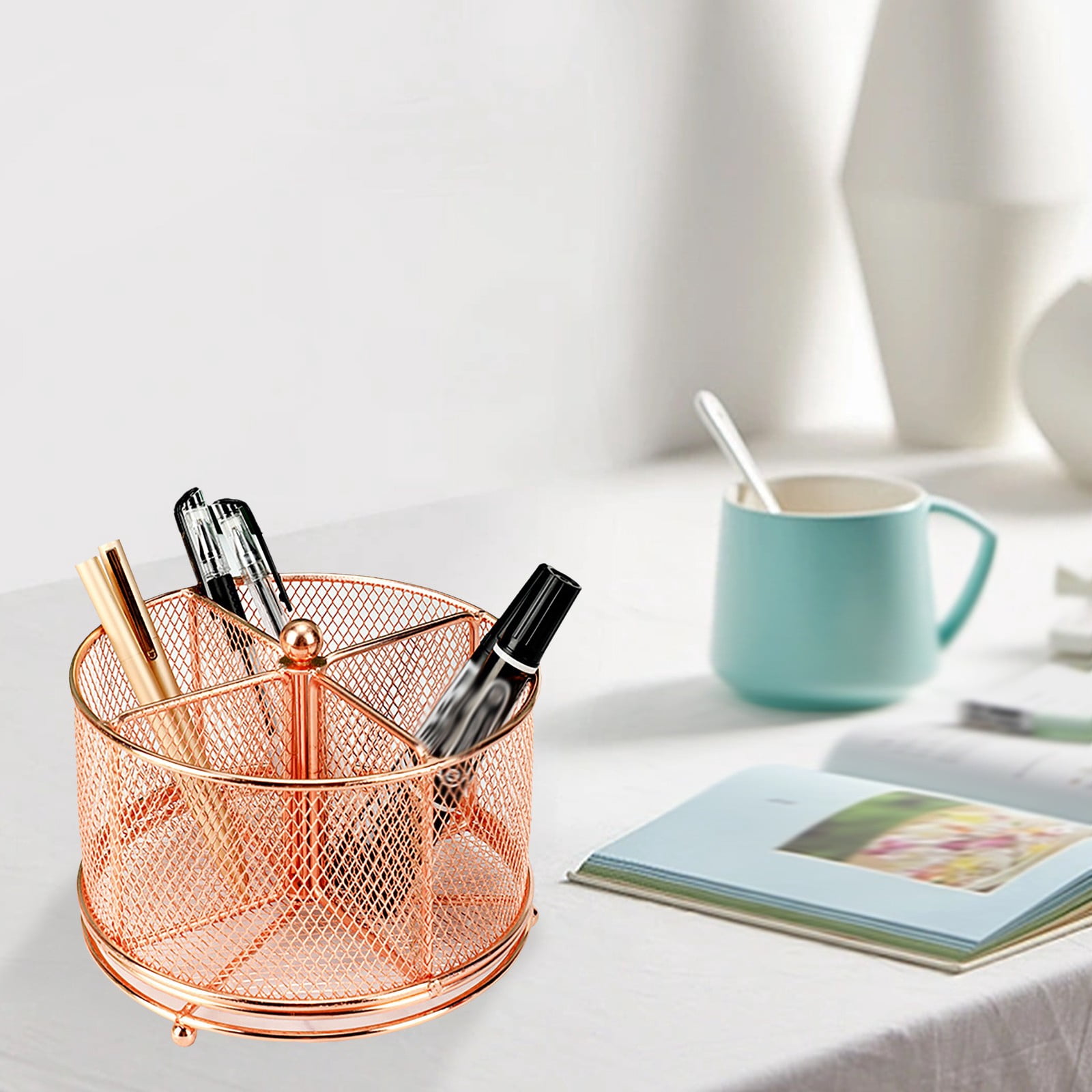 AUDeals 360 Degree Rotating Metal Utensil Caddy, 4 Compartment Silverware Cutlery Holder with Rotation, Fork Spoon Napkin Organizer, Flatware Storage Basket for Countertop Buffet and Picnic