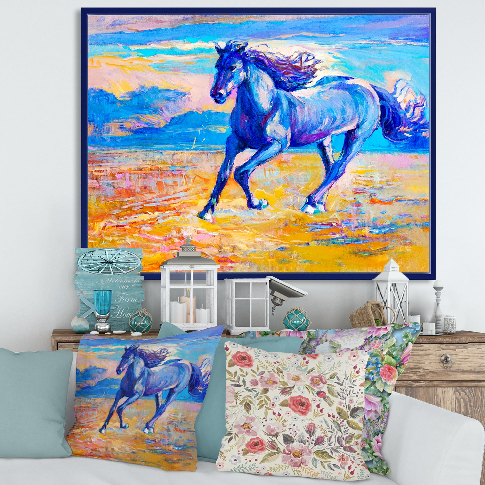 Abstract Blue Horse Galoping Over The Prairie 32 in x 16 in Framed Painting Canvas Art Print, by Designart