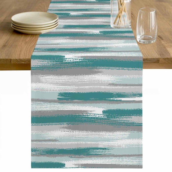 Blue Gray Stripes Table Runner - 36 Inch Long Watercolor Modern Abstract Minimalist Cotton and Linen Blended Dress Scarves Farmhouse Table Runner for Kitchen Dining, Coffee Table, 13" x 36"