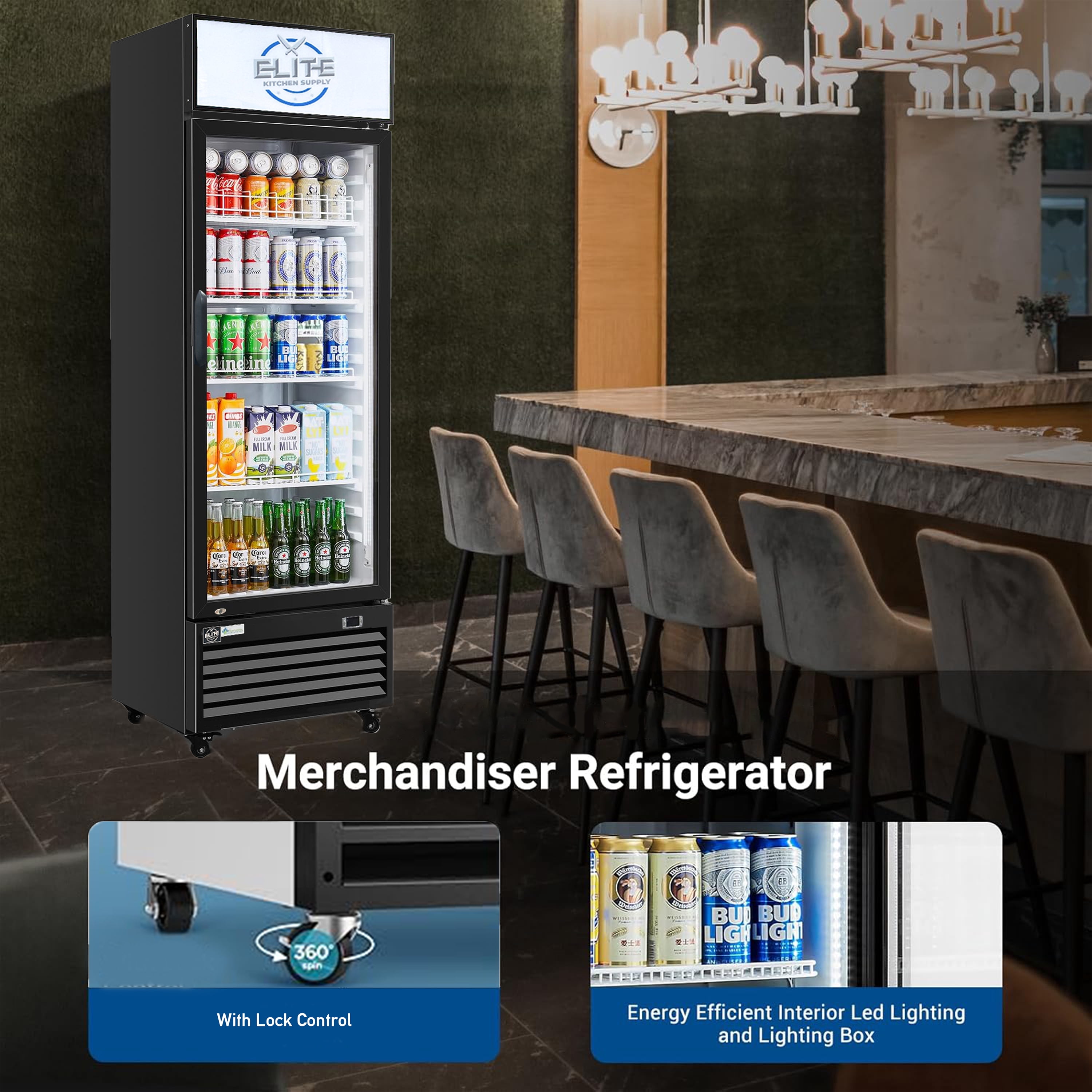 NSF 25-Inch Single Glass-Door Merchandiser Refrigerator 15 Cu.Ft. Beverage Display Cooler
