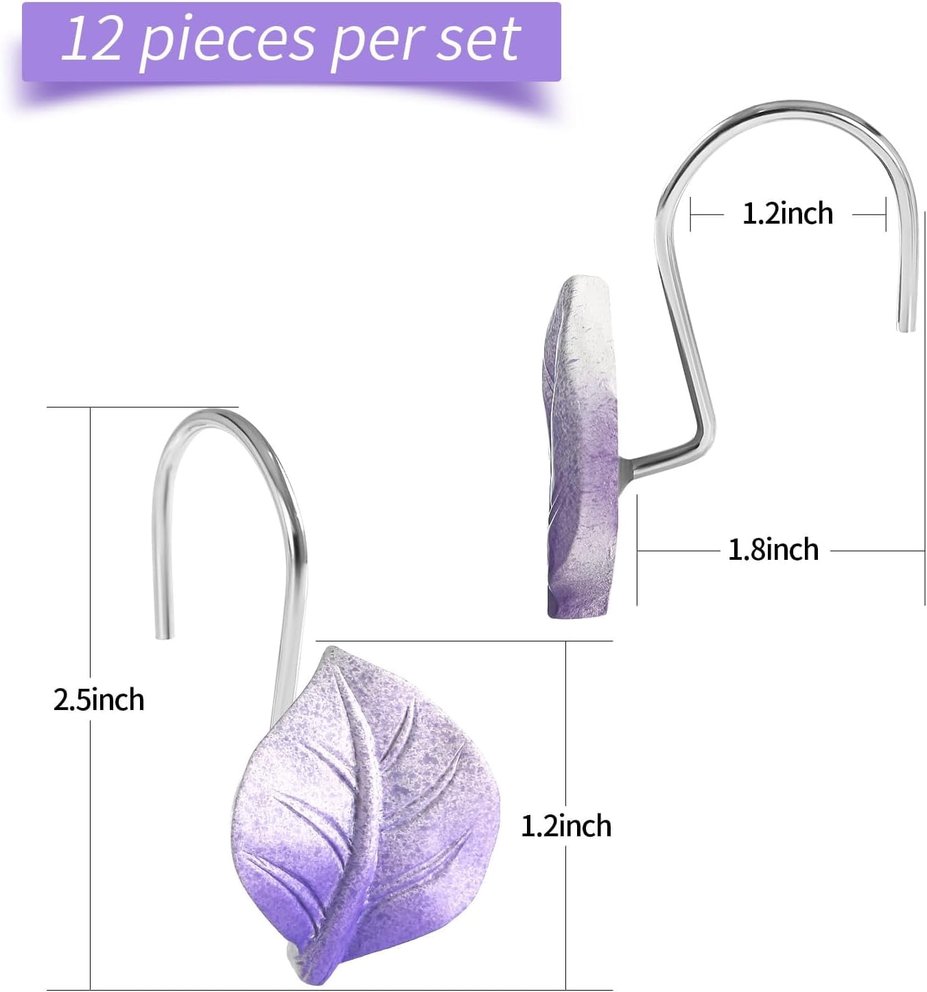 12PCS Leaves Shower Curtain Hooks, Purple Plant Leaf Decorative Shower Curtain Hooks Metal Rustproof Cute Eucalyptus Shower Curtain Rings Bathroom Decoration Accessories