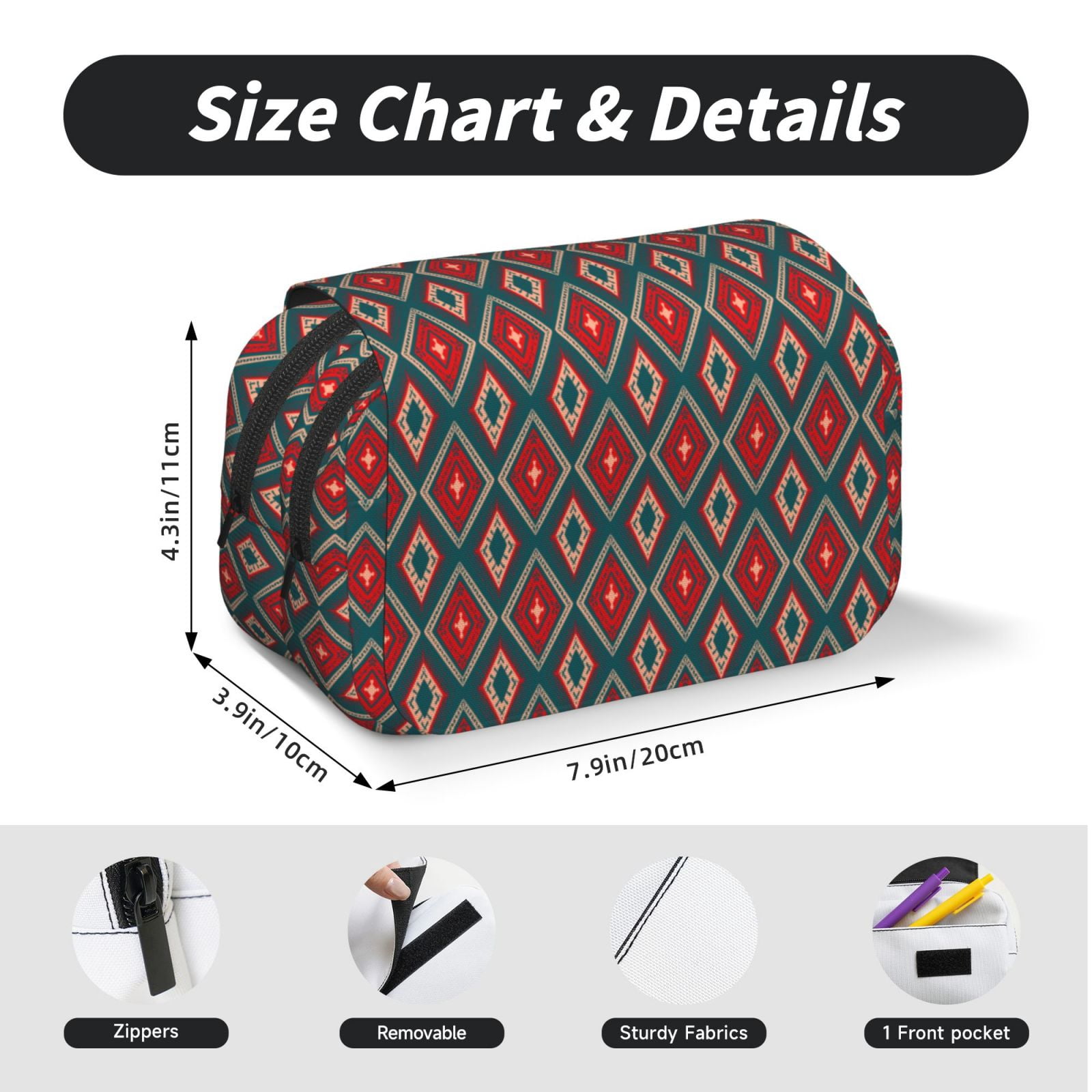 Rateoe Red And Orange On Blue Teal Pattern Double Clamshell Pen Case, Storage Organizer with Two Zipper Compartments– Holds Up to 50 Pencils & Pens