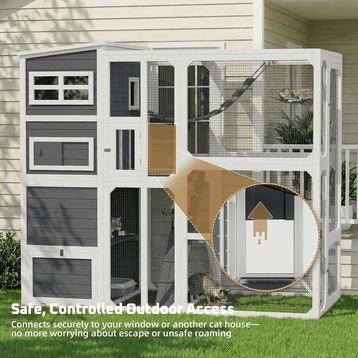 TPHORK Large Catio Outdoor Cat Enclosure, Wooden Cat Cage Indoor Cat House Playpen for Multiple Cats with Waterproof Roof,Platforms, Resting Box, Bridges, Hammock, Ladder,76"L x 36"W x 69"H(White)