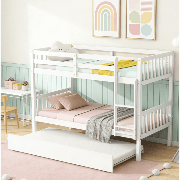 URTR Twin Over Twin Bunk Bed with Trundle, Convertible into Twin Size Beds, Rubber Wood Twin Bunk Bedframe with Ladder and Safety Guardrails, White