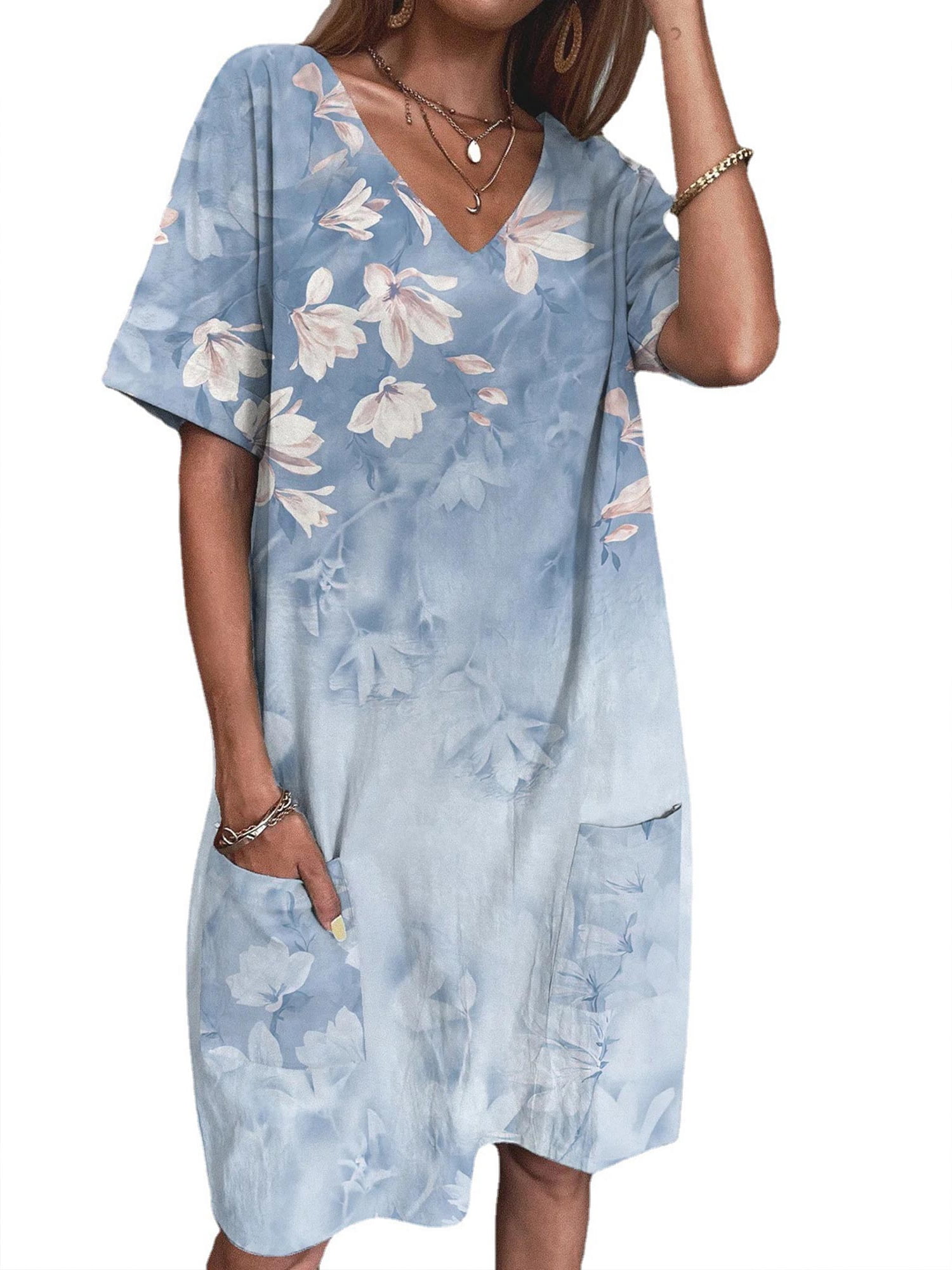Julycc Women Floral Tunic Midi Dress V-Neck Short Sleeve Plus Size ...