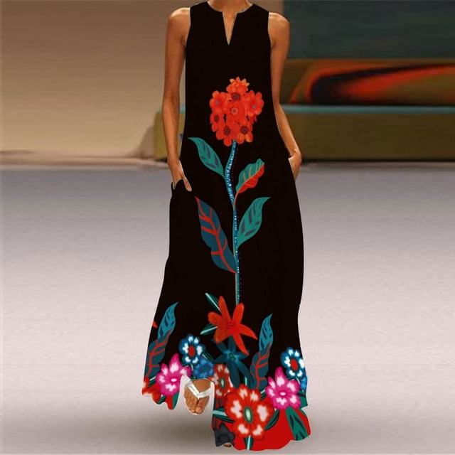 SMihono Robe Maxi Bohème d'Été pour Femmes Grande Taille Robe d'Été pour Femmes Grande Taille Sans Manches à Col en V Robe de Plage Longue Robe Robe Évasée de Plage