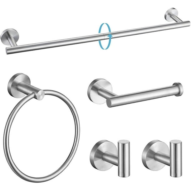 Juego de Accesorios de Baño 5 Piezas Toallero Barra Extra Largo 60 cm + Anillo + Portarrollos + 2 Ganchos Acero Inoxidable 304, Montaje en Pared (5, Plata cepillada)