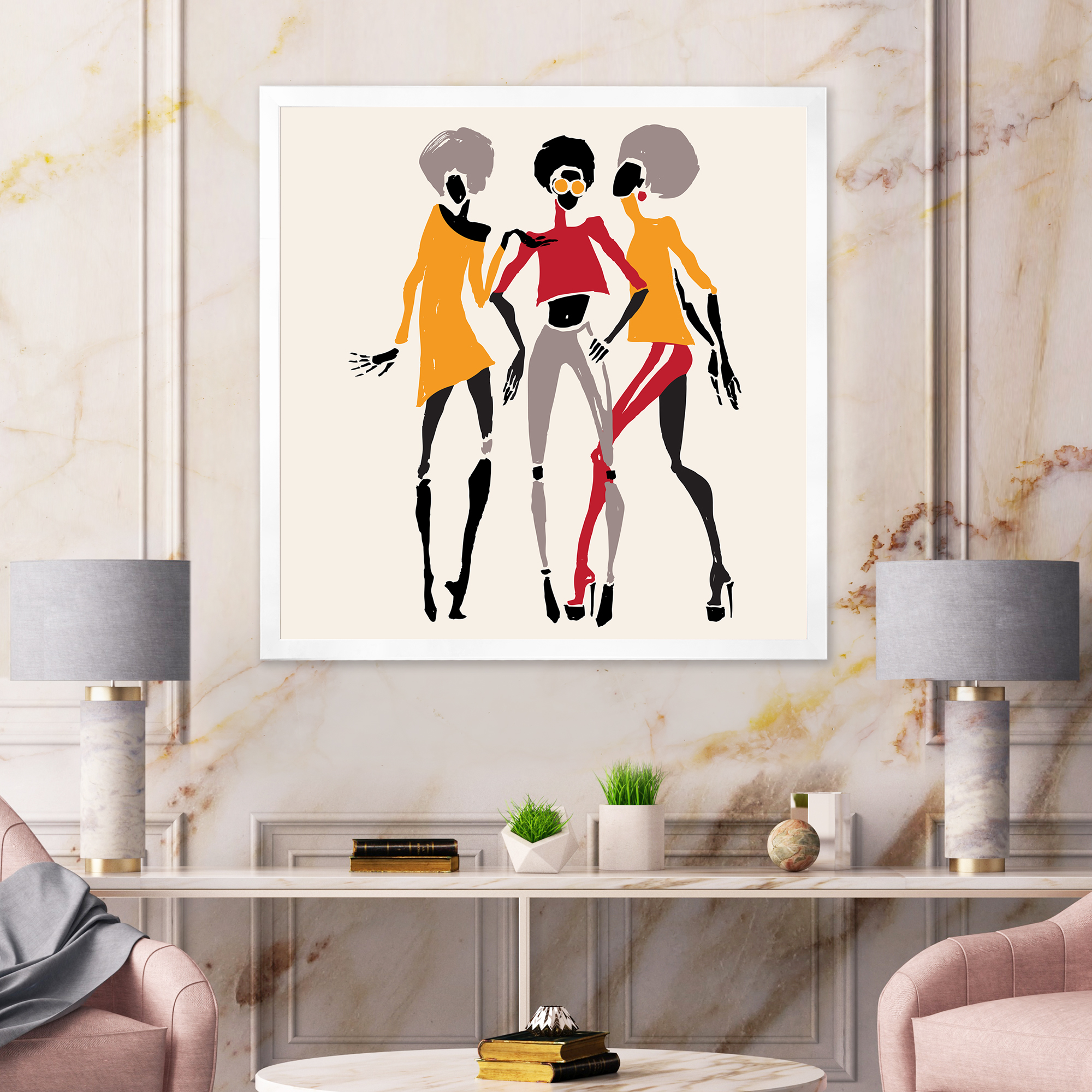 Designart 'African American Women Silhouettes Red and Yellow II' Modern Framed Art Print