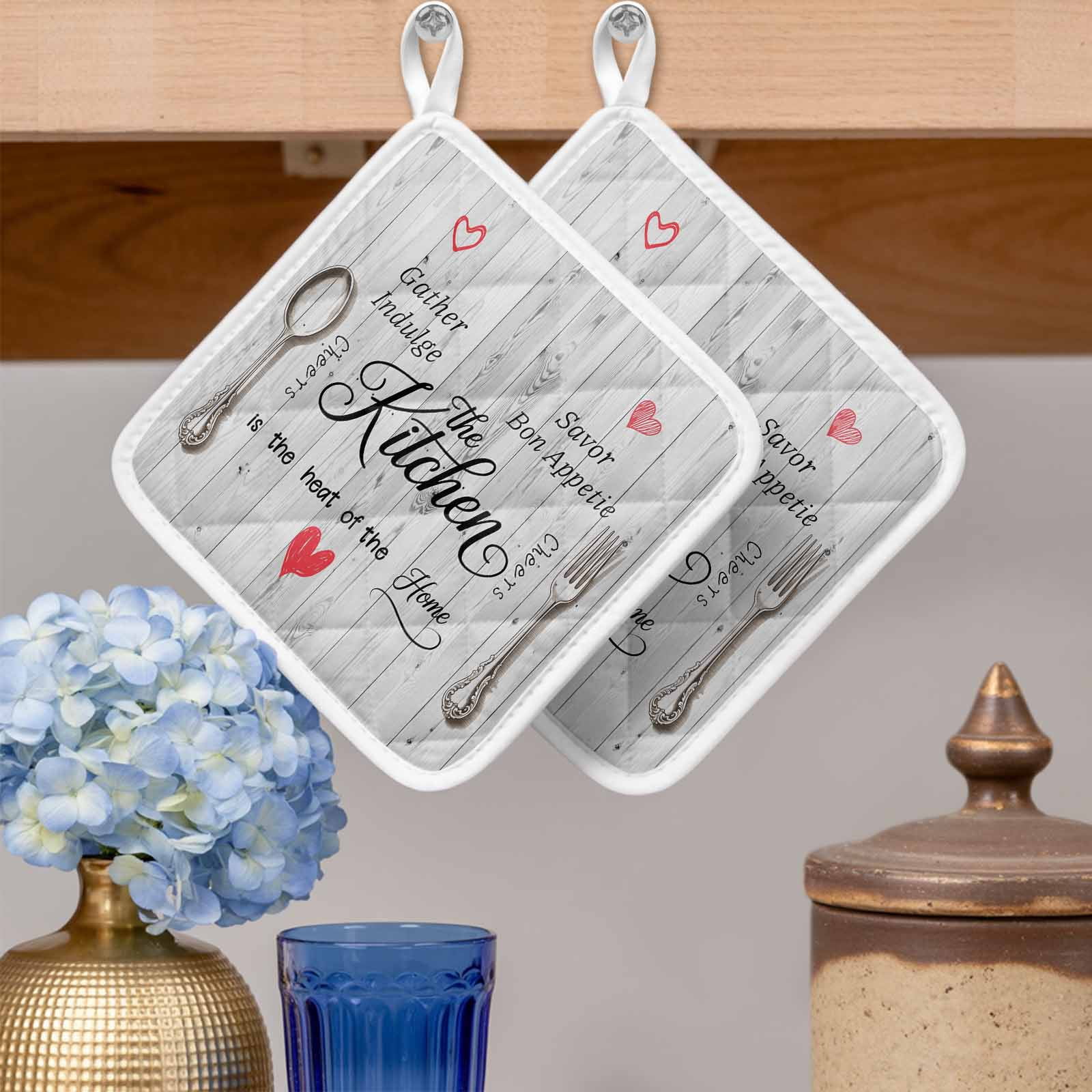 Grey Retro Art Pot Holders for Kitchen Heatproof Potholder, 4 Pack Spoon Fork Vintage Farmhouse Wooden Hot Pads Multipurpose Oven Pads Cloth Potholders Trivet for Cooking and Baking