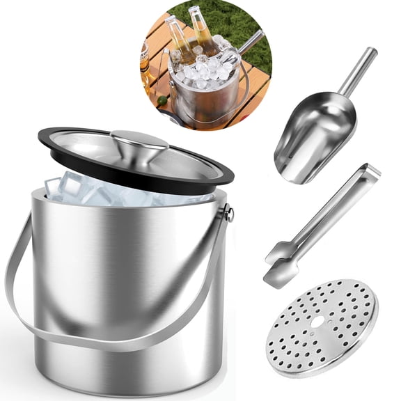 Yolispa 3L Stainless Steel Ice Bucket, Double Wall Insulated Ice Bucket with Lid, Scoop, Ice Tong, Strainer for Parties Cocktail Bar for Bar Picnic Party