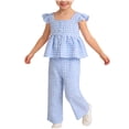 thumbnail image 2 of Kids Girl Sky Blue Gingham Outfit Kids Clothes 2 Piece Set Ruffle Sleeve Top Peplum Wide Leg Pants Soft Cotton Breathable Spring Summer,Size 2-3 T, 2 of 7