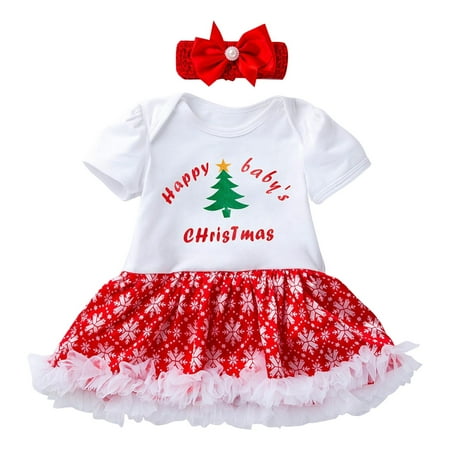 

Uvwlwu Christmas Outfits for Baby Girls Clothing Cartoon Socks Tree Snow Flower Short Sleeve Dress And Hair Accessories Set Christmas Gifts(Size:3-6 Months)