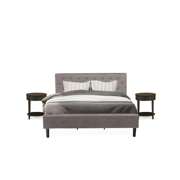 East West Furniture NL14K-2HI07 3 Piece Bed Set - 1 Bed Brown Taupe Velvet Fabric Headboard and 2 Nightstands - Distressed Jacobean Finish Nightstand