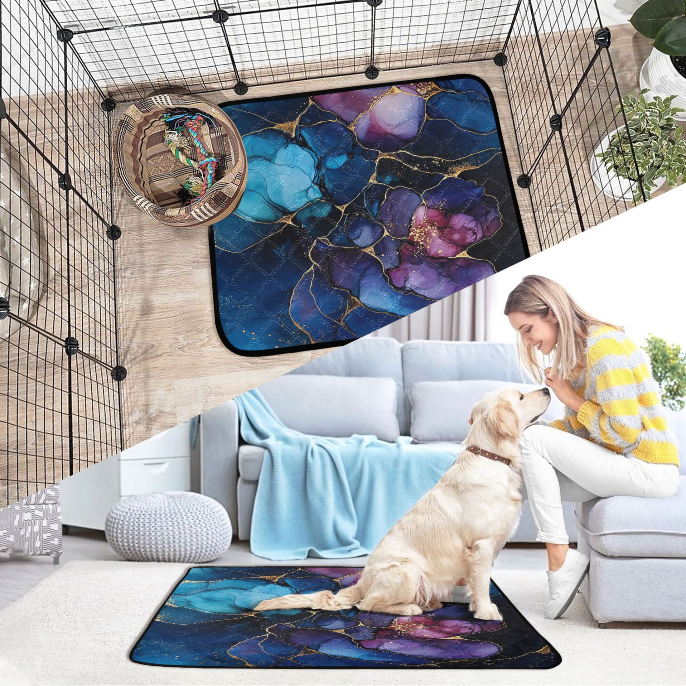 Qxltty Gilt Blue Marbles Cat litter Pads Pet Set of 2 Diaper Mats Center Anti-leakage Layer Absorbent Soft and Comfortable