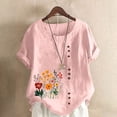thumbnail image 1 of Lydiaunistar Women's Spring Tops Plus Size Casual Printed Short Sleeve Round Neck Blouse Button-Up Lightweight Polyester Top for Spring Summer Fall Fashion Daily Wear Pink, 1 of 4