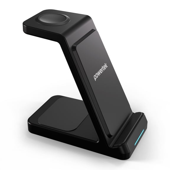 Powertek 3 in 1 Wireless Charge Stand Black, 15W Qi® Charging Station, Includes Wall Charger and USB-C Cable