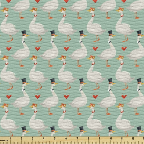 Ambesonne Goose Fabric by the Yard Upholstery, Ladies and Gentlemen Geese, 3 Yards, Seafoam Coconut and Orange