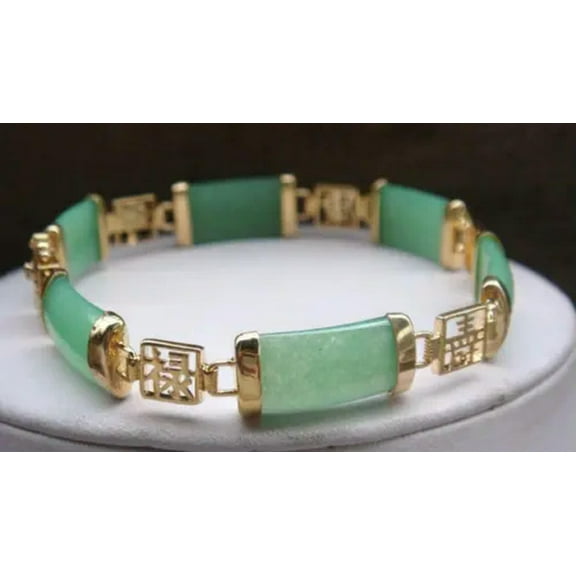 GKNET Pretty Natural Green Jade Gemstone Gold Plated Fortune Lucky Link Bracelet