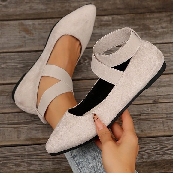 XDDLITP Women's Fashion Elastic Ankle Strap Shoes Round Toe Ballet Flat,White 36(US-6)