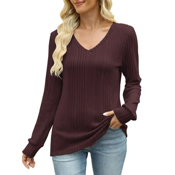 Breezora Women's Soft Knit Sweater V Neck Textured Long Sleeve Pullover Relaxed Fit Cozy Everyday Top L Size Wine