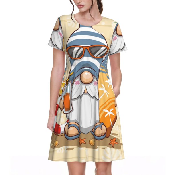 Fotbe Hello Summer Cute Gnome Vestido Largo de Moda para Mujer, Vestido Tipo Camiseta con Manga Corta y Estilo Casual a Rayas y Bloques de Color