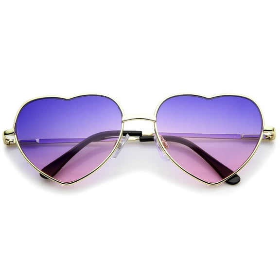 Small Thin Metal Frame Temples Vibrant Colored Gradient Lens Heart Sunglasses 52mm (Gold / Blue-Pink)