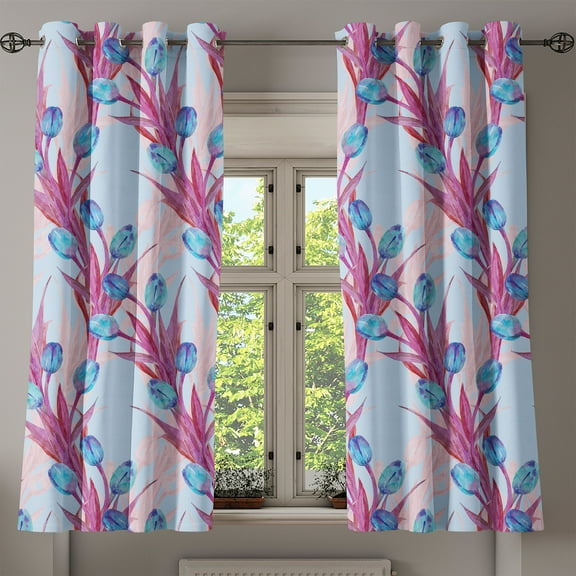 Ambesonne Tulips Artwork Grommet Curtain, Blooming Floral Boho, 50"x60", Magenta Pale Pink