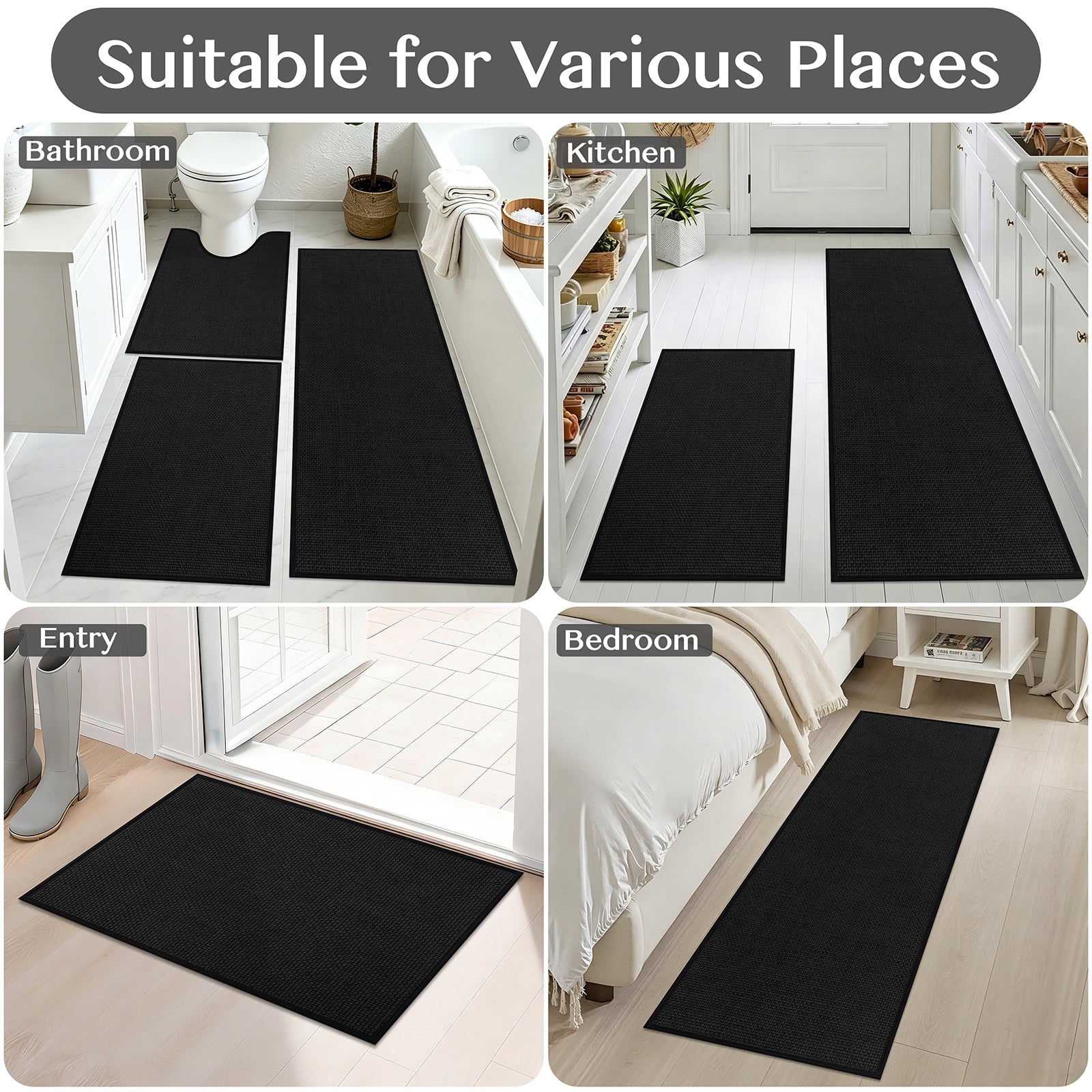 Ileading 3pcs Bathroom Rugs Set with U-Shaped Mat, Non Slip, Soft, Absorbent Bath Mats for Tub, Shower, Toilet 18"x26"+18"x48"+U Shape 20"x24" Black
