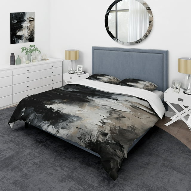 Designart "Textured Splash Black Paint Art II" Abstract Painting Bedding Covert Set - Modern Black Abstract Bed Set With 1 Sham