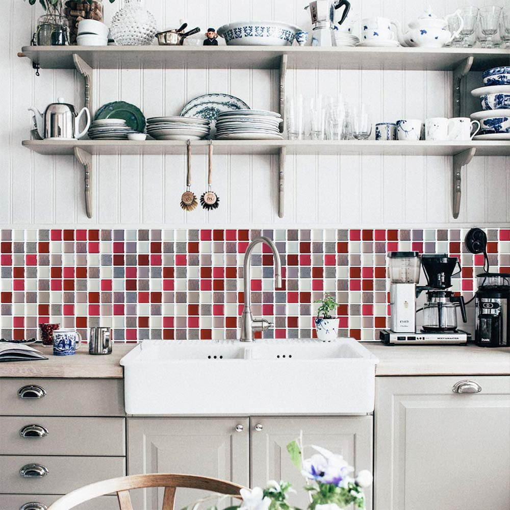 3d Mosaic Tile Sticker Removable Wallpaper Red  Self Adhesive Wall Tiles Bathroom For Kitchen Backsplash Pvc Square Decorative Vinyl Decals 4 Sheets